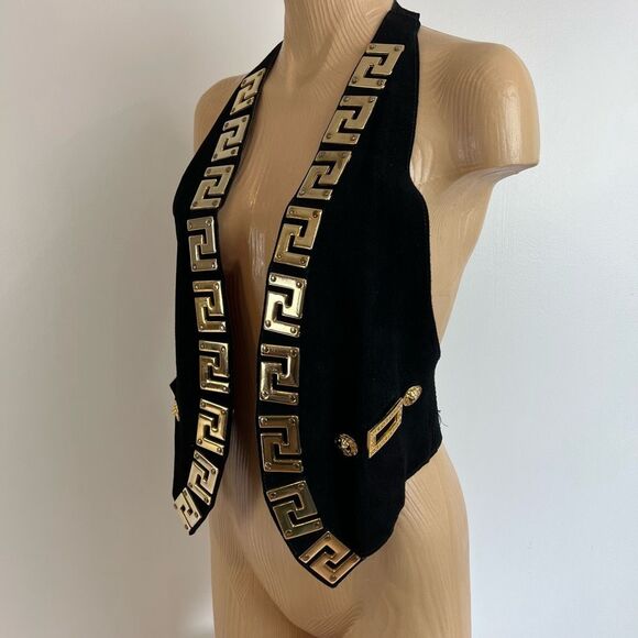 Vintage Jackets & Blazers - Vintage Suede Leather Halter Vest Rodeo 90s Black  Biker Gold Metal Lion Buttons